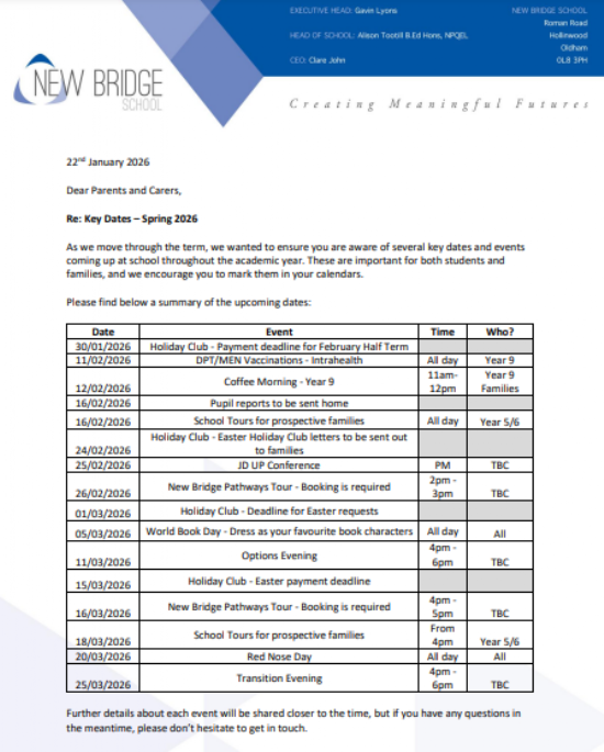 New Bridge School Key Dates - Spring 2026