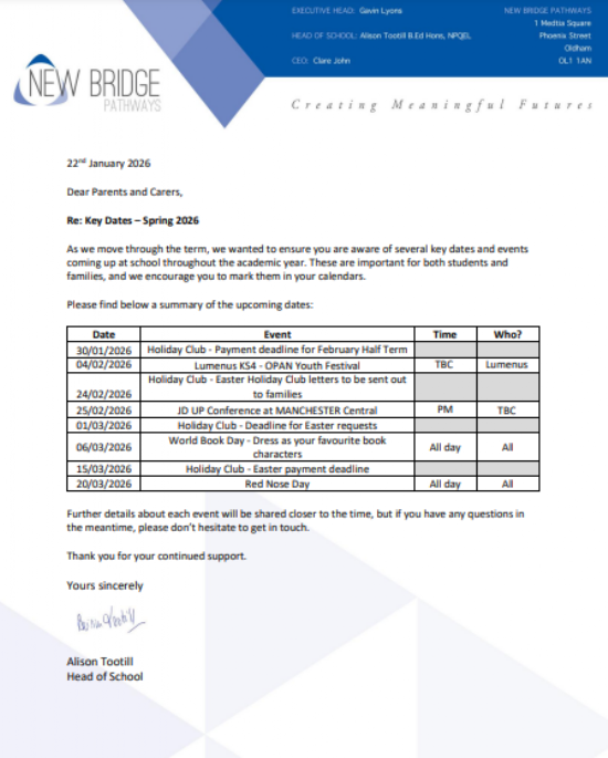New Bridge Pathways Key Dates - Spring 2026
